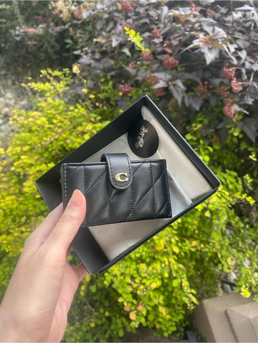 Coach Black Quilted Card Case with Gold 'C' Snap